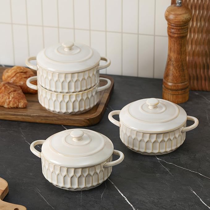 Mini Cocotte Set of 4, 14 oz Ceramic Mini Cocotte with Lids, Small Ceramic Casserole Dishes for Oven, Individual Baking Dish for Mini Sourdough, Soup, Soufflé & Pot Pie, Oven Safe
