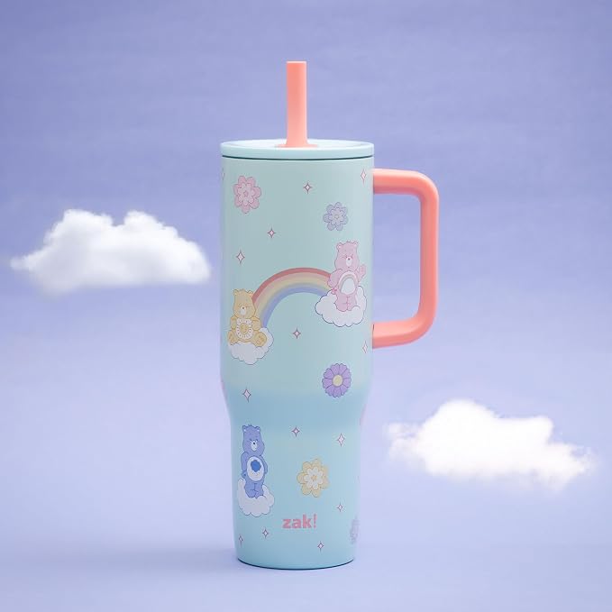 Zak Designs Care Bears Sutton Travel Tumbler for On the Go, 30oz Stainless Steel with Vacuum Insulation, Silicone Straw, and Carry Handle for Cold Drinks (Care Bears)