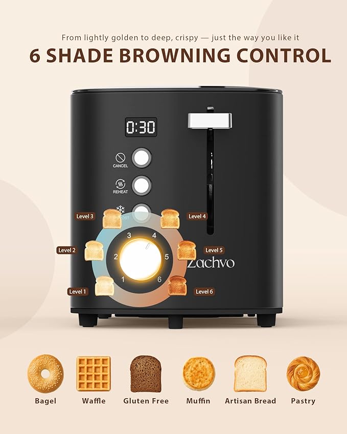2 Slice Toaster with Wide Slots for Bread & Bagels, Stainless Steel Toaster with Digital Countdown, 6 Shade Settings, Defrost, Reheat & Cancel, Compact Design for Kitchen, Black