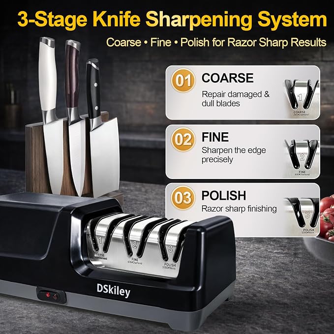 Electric Knife Sharpener for Kitchen – Professional 3-Stage 100% Diamond System with 20° Precision Angle, Fast Sharpening to Restore & Polish Chef Knives (Silver)
