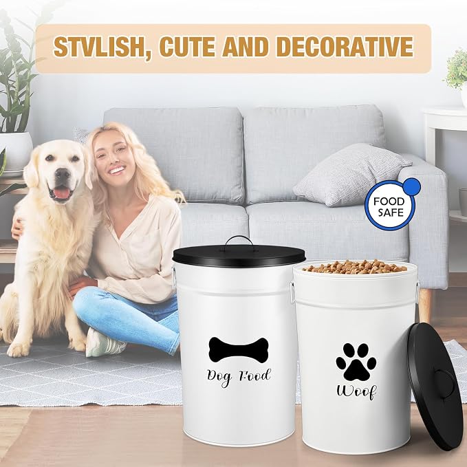 DoubleFill Extra Large 30+30 lb Metal Dog Food Storage Containers Set of 2 Airtight Dog Treat Snack Jars with Lids and Spoon Farm House Style Big Pet Cookie Jar for Kitchen Counter Gift