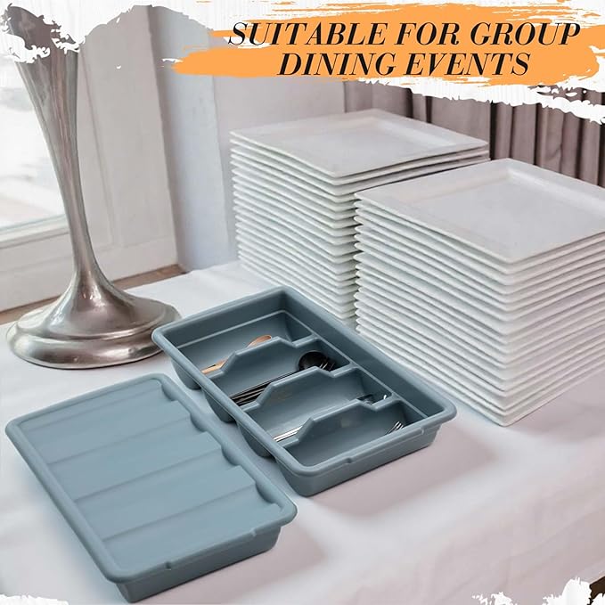 Maxdot 2 Pcs 20.5 x 11.9 x 3.7 Inch Silverware Organizer with Lid, Commercial 4-compartment Restaurant Kitchen Cutlery Tray, Plastic Silverware Storage Container, Condiments Holder (Grayish Blue)