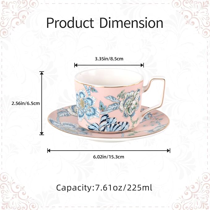 KAMMAK Tea Cups and Saucers Set of 2, Porcelain Coffee Cups, Stackable Espresso Mugs, Ceramic Demitasse for Coffee, Latte, Americano, Tea, Golden Pink + Platinum Blue