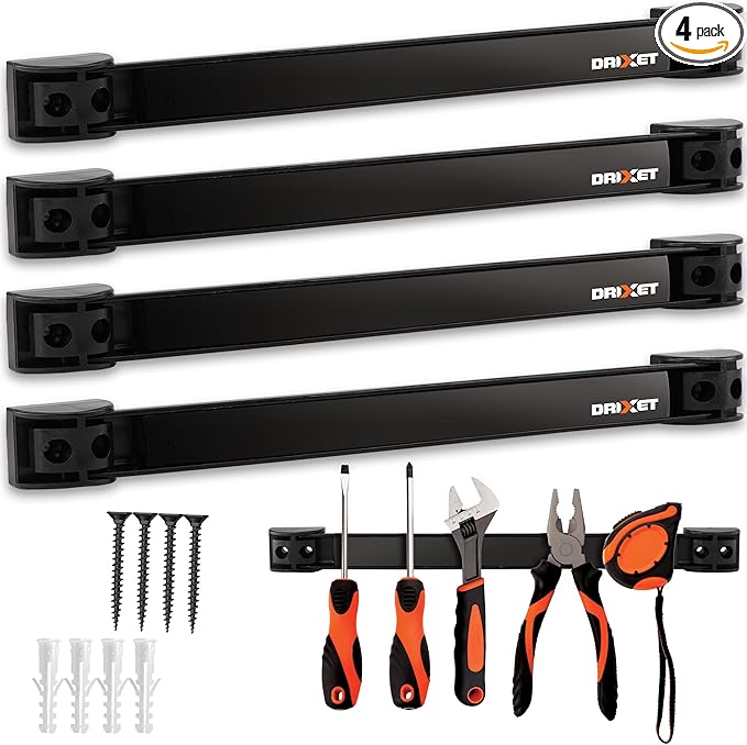 Drixet Magnetic Tool Holder Strip 16", Heavy Duty Magnetic Tool Organizer with Mounting Brackets and Screws, Tool Magnet Bar Rack for Garage Organization, Home, and Workshop Accessories, 4 Pack