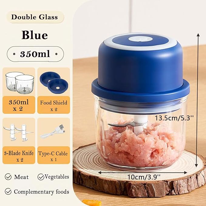 Food Chopper, Cordless Electric Food Processor, Mini Meat Grinder with 2 Blades and Dual Glass Bowls, for Meat, Vegetables, Fruits, Salad, Onion, Baby Food (Blue)