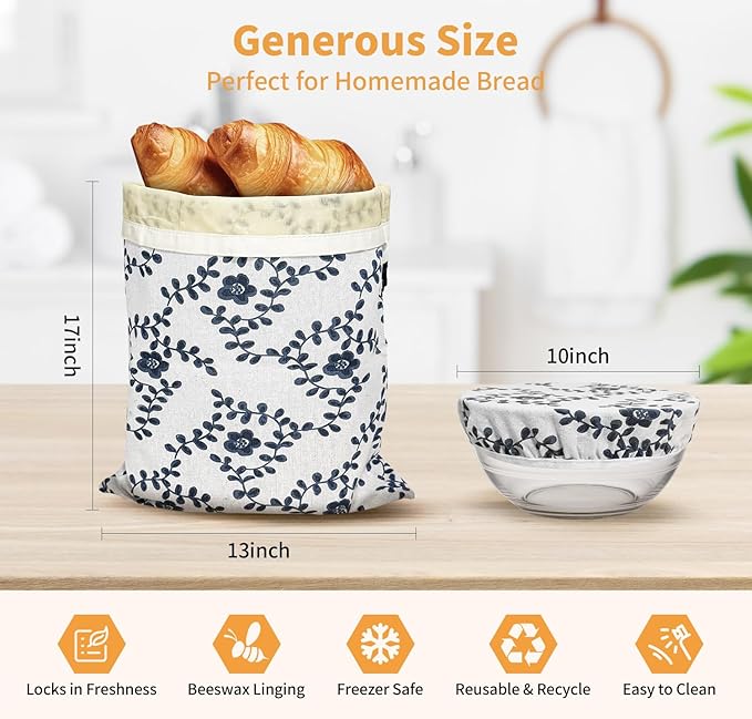 2 Pack Reusable Beeswax Bread Bags for Sourdough: Natural Cotton Storage Bag with 2 Pack Bowl Covers for Bread Proofing, Easy to Clean Freezer Food Bags, Keep Your Loaf Fresh for Days, XL 17x13 Inch