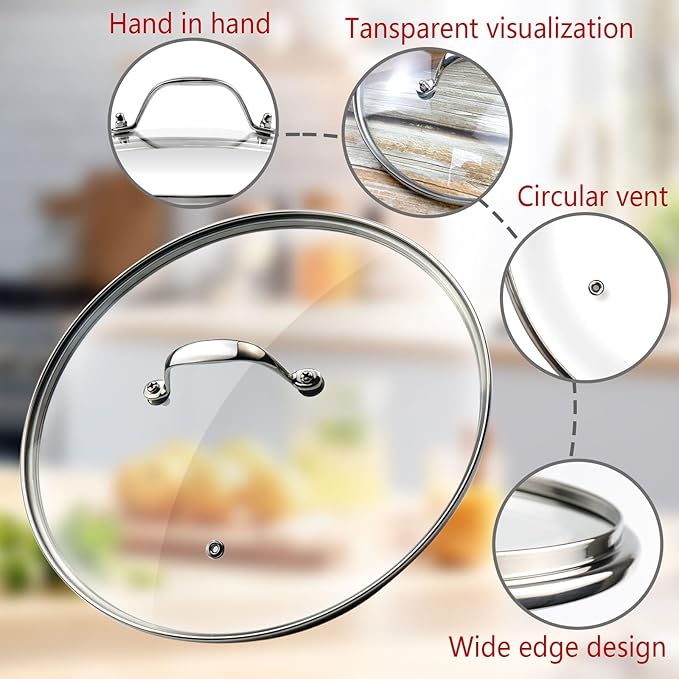 8 Inch Clear Glass Pot Lid for Frying Pan Replacement Cover Can Withstand 356°F (180℃) with Stainless Steel Arch Bridge Handle,Bright Silver