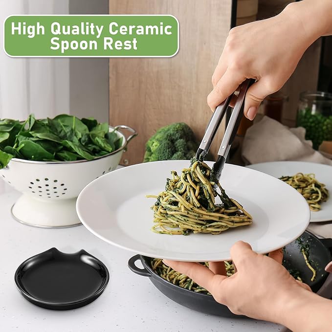 Irenare 8 Pcs Ceramic Spoon Rest for Stove Top, 3.74 Inch Porcelain Spoon Holder, Coffee Utensil Rest Heat Resistant Dishwasher Safe for Home Kitchen Accessories Gift(Black)