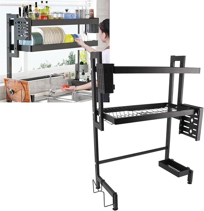 Over Sink Dish Rack Large Capacity Metal Thickened Countertop Dish Drying Shelf 55cm - Foldable Design, Space Saving, Stable Carbon Steel Construction for Kitchen (Double Layer)