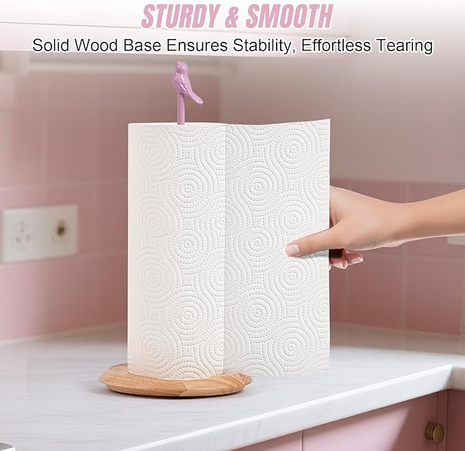 Wooden Paper Towel Holder countertop, Stylish Bird Shaped,Solid Wood Base&Iron Top, with Non-Slip Mat, Stable&Durable,Paper Towel Holder Farmhouse Style to Elevate Your Kitchen's Décor (Pink)