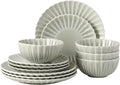 Gibson Elite Peach Orchard 12-Piece New Bone China Dinnerware Set Service for 4, Embossed Fluted Plates and Bowls, Dishwasher and Microwave Safe, Sage Green