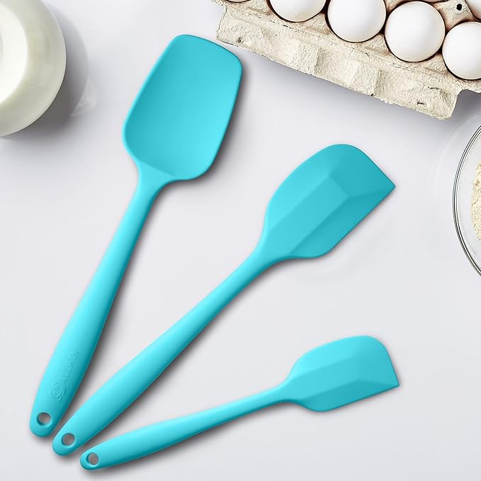 Silicone Spatula 3‑Piece Set Heat Resistant 600°F Non‑Stick Rubber Spatulas with Stainless Steel Core ALLWIN HOUSEWARE Large Spatula, Spoonula & Mini Spatula for Cooking & Baking, Macaron Blue