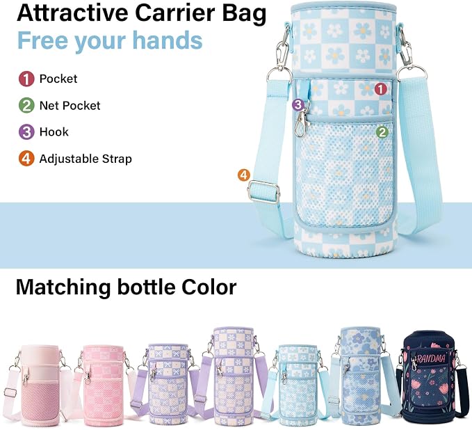 DYSANKY Water Bottle Gift– Insulated Stainless Steel Bottle with Carrier Bag, Strap & Gift Box – BPA-Free – Ideal for Hiking, Camping & Travel - Blue Plaid Flower 40 oz