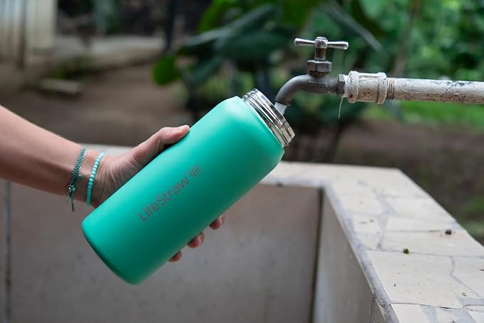 LifeStraw Go Series — Insulated Stainless Steel Water Filter Bottle for Travel and Everyday Use Removes Bacteria, Parasites and Microplastics, Improves Taste, 24 oz, Cactus Green