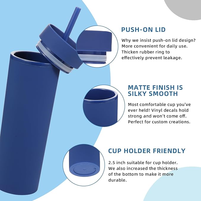 Volhoply 16oz Plastic Skinny Tumbler with Lid and Straw Bulk 4 Pack,Insulated Double Wall BPA Free Matte Acrylic Tumblers,Iced Coffee Travel Mug Reusable Party Cup,Customizable Diy Gifts(Navy,4 Set)