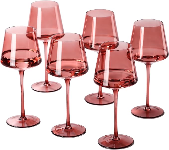 Rose Wine Glasses Set of 6,18oz Rose Wine Glassware Gift Set for Wife & Mom-Colorful Hand Blown Glass Drinkware for Red White Wine