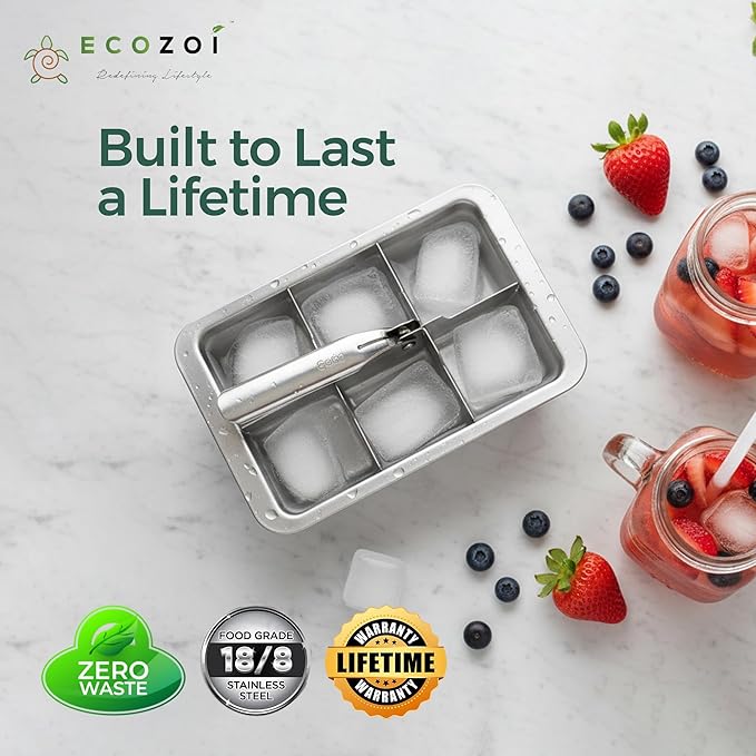 Ecozoi Stainless Steel Metal Ice Cube Trays With Easy Release Handle - 2 Pack | 12 Large Ice Cube Slots | Removable Slots For Easy Ice Cube Removal And Cleaning | Eco Friendly, Plastic Free