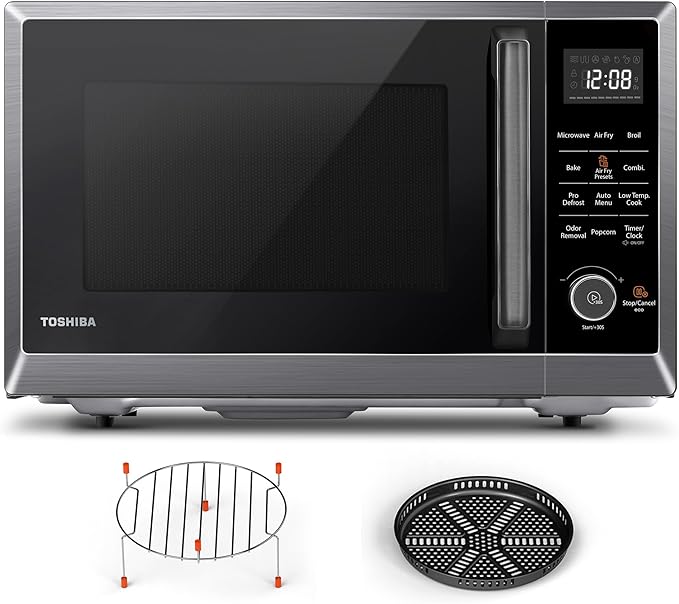 TOSHIBA Air Fryer Combo 8-in-1 Countertop Microwave Oven, with Convection, Broil, Odor Removal Mode, 12.4" Position Memory Turntable, Child-Lock, 1.0 Cu.ft, Black Stainless Steel, ML2-EC10SA(BS) A
