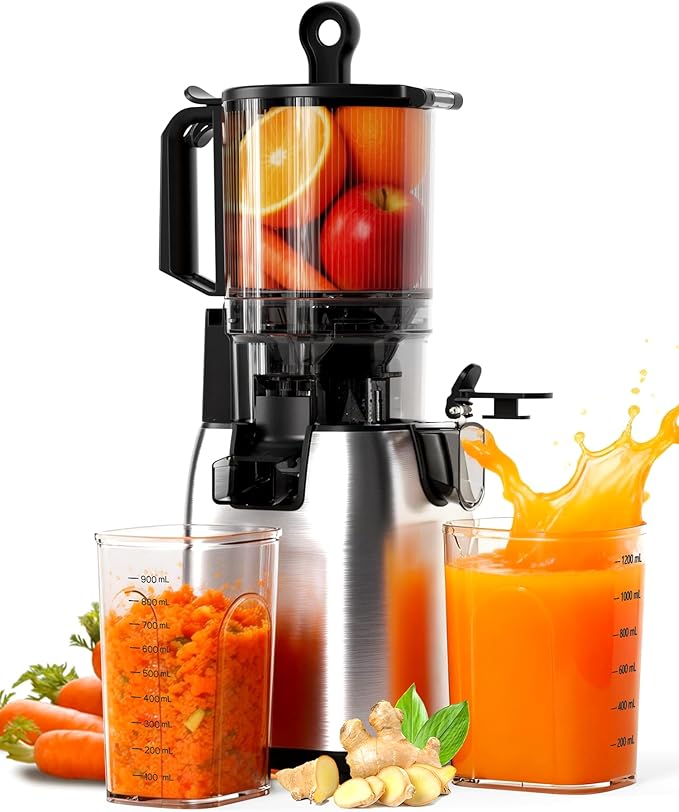 Electactic Cold Press Juicer with Stainless Steel Base, 5.4 Inch Wide Feed Chute, Juicer Machines For Whole Fruits & Vegetables, Slow Masticating High Yield Juice Makers