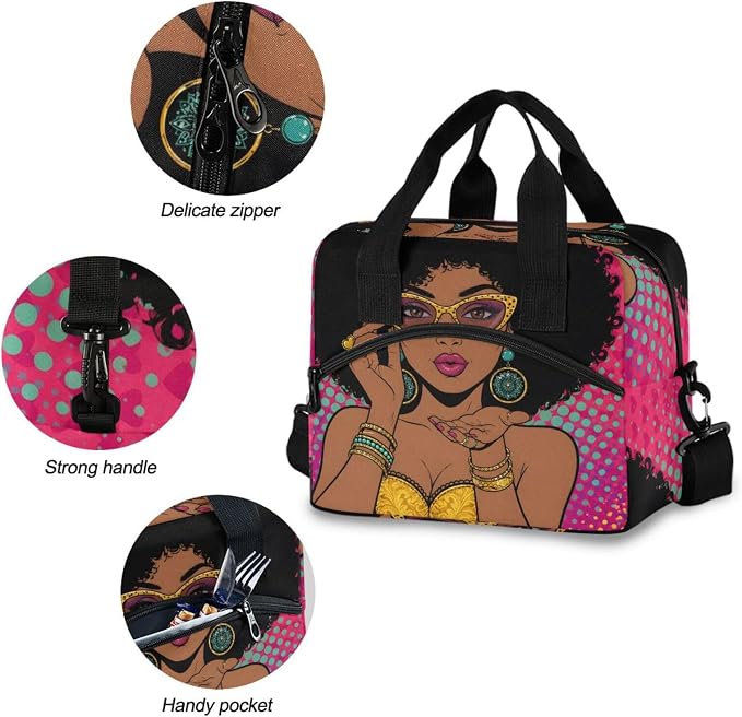Reusable Lunch Bag for Girls Women,Young African American Woman With Lips Lunch Box Container with Detachable Shoulder Strap,Insulated Lunch Coolers for School Office