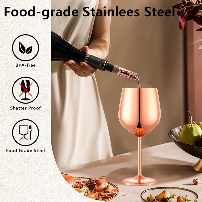 UNISWEET Stainless Steel Wine Glasses Set of 4 Unbreakable Wine Glass 18 oz Unique Metal Wine Goblets for Outdoor, Travel, Camping, Pool, Ideal Gift for Wine Lovers (Mirror-Rose Gold)