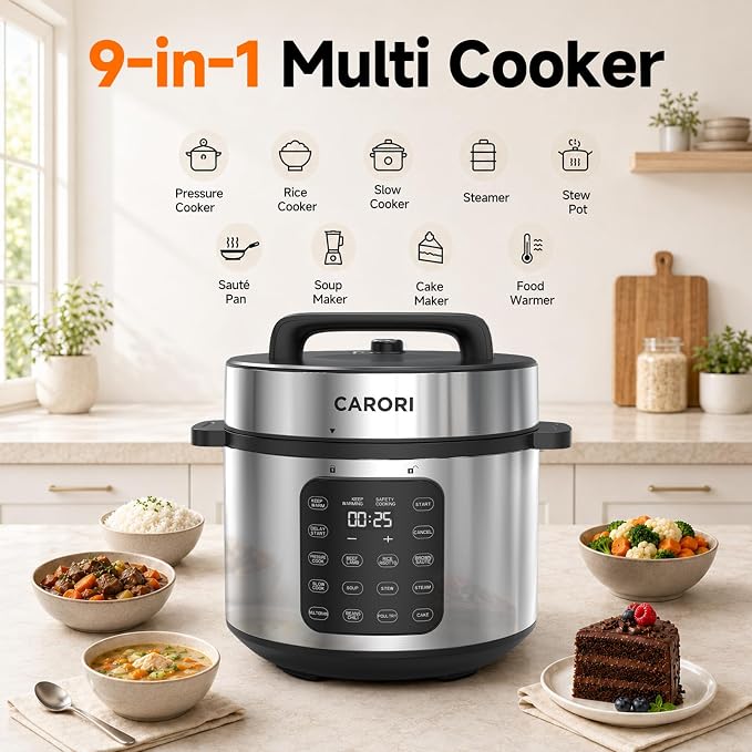 CARORI 8Qt,9-in-1,1200W Electric Pressure Canner, IMD Touchscreen, Non-Stick Pot. Quick, Time-Saving, Healthy. Olla de Presion (Ollas). Safe Venting.Rice,Slow,Steamer, Sauté, Warmer, Silver