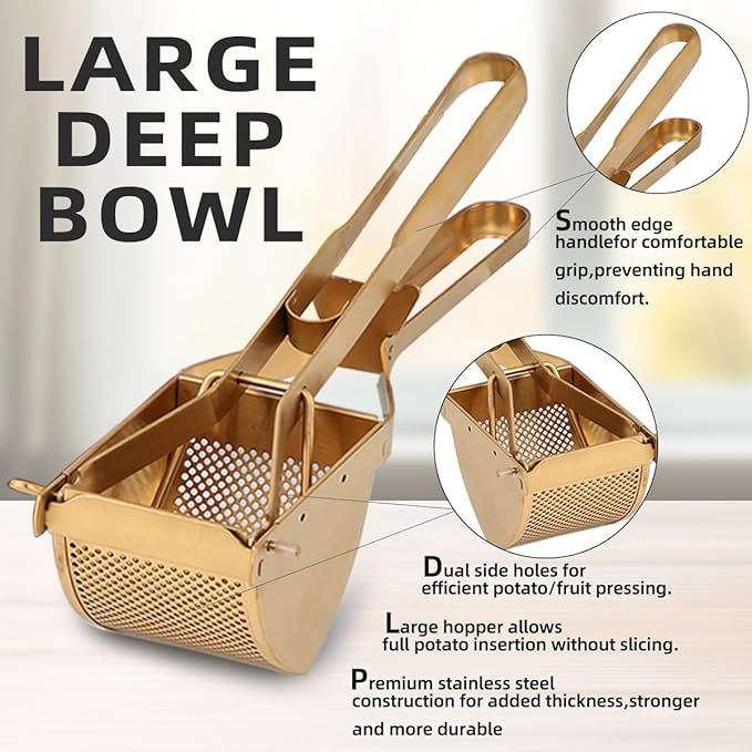 QRU Large Potato Ricer, Heavy Duty Stainless Steel Potato Masher for Commercial and Home Use, Fruit Press Baby Food Masher (Gold)