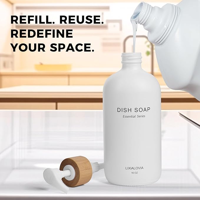 Dish and Hand Soap Dispenser Set with Tray, 16OZ Refillable Glass Bottles and Wood Pump, Double Bottle Countertop Organizer for Kitchen and Bathroom (White)