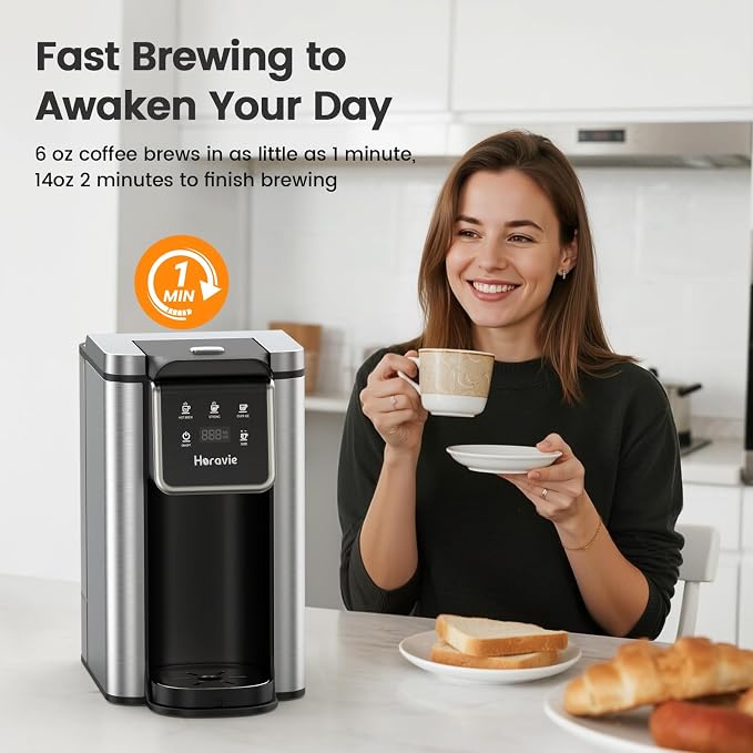 Horavie Single Serve Coffee Maker for K-Cup Pod and Grounds, Hot & Iced Coffee Maker, Strong Button Feature, 6 to 14oz Brew Sizes, 50oz Removable Reservoir, Fit 6.5" Mugs, Stainless Steel, Black