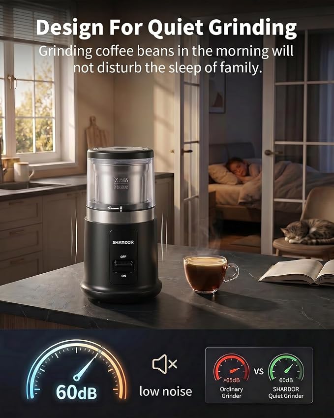 SHARDOR Quiet Coffee Grinder Electric, 70g Removable Bowl Spice Grinder for Coffee Beans, Seeds and Grains, Super Silent Grinding Mill with 60dB Low Noise, 2.5oz Capacity, Black