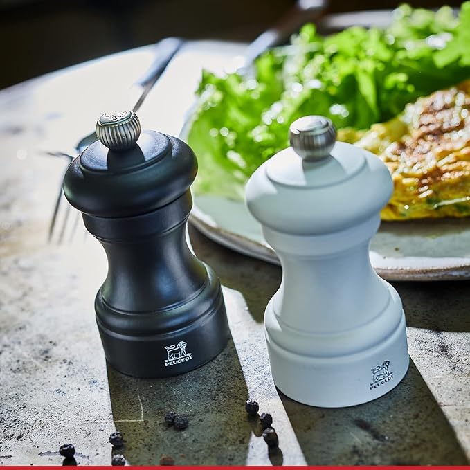 Peugeot Bistro Duo Manual Salt and Pepper Mill Set - Classic Adjustable Grinder, Beechwood, 4 inch, Black and White
