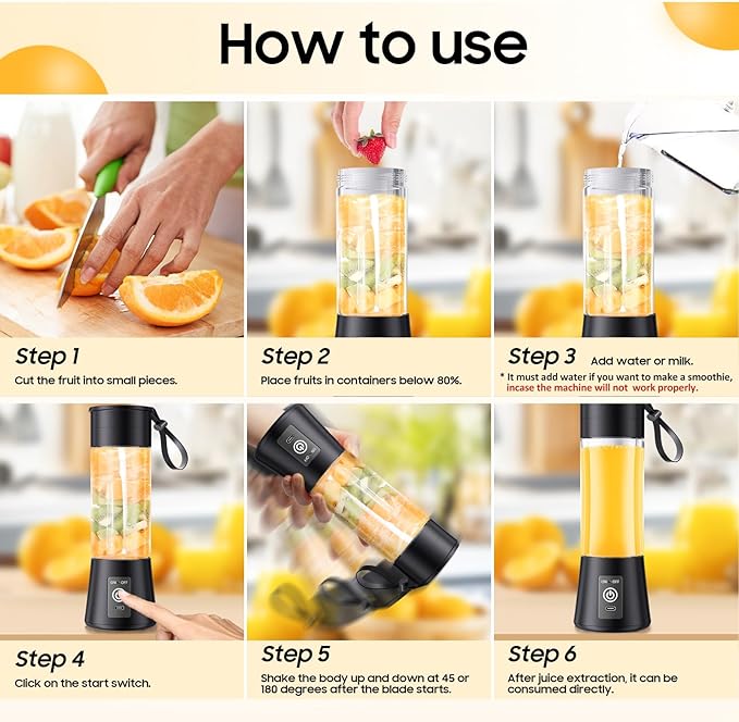 Portable Blender for Shakes and Smoothies - Newly Upgraded 13 Oz Mini Blender with 6 Blades, USB & Type-C Rechargeable, Suit for Making Fresh Juice, Convenient for Travel Sports