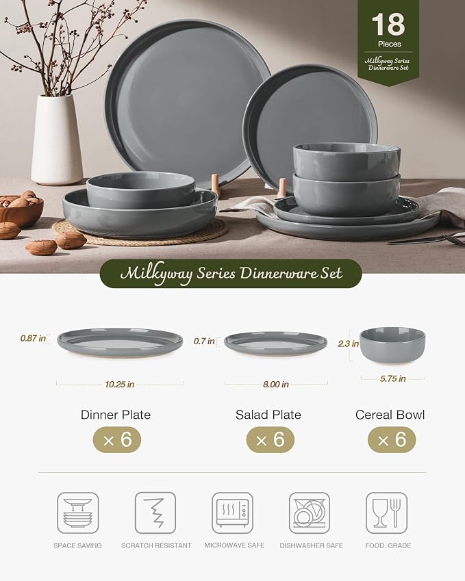 Famiware Milkyway Plates and Bowls Set, 18 Pieces Dinnerware Sets, Dishes Set for 6, Dark Gray