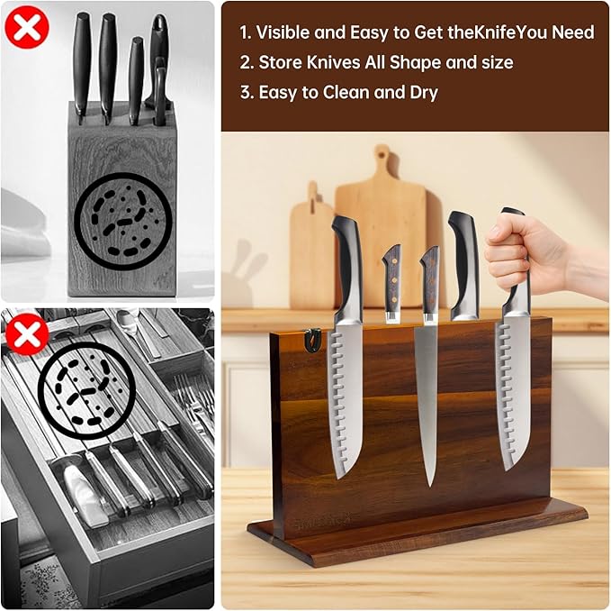 Magnetic Knife Block 14.9 x 10 inch Double Sided Magnetic Knife Holder Rack Acacia Wood Magnetic Knife Stand Knives Storage Rack with Knife Sharpener