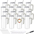 16 Pack Sublimation Tumblers Blanks Skinny Straight Bulk 20 oz with Removable handle, Stainless Steel Double Wall Insulated Sublimation with Straw & Lids for Heat Transfer, White