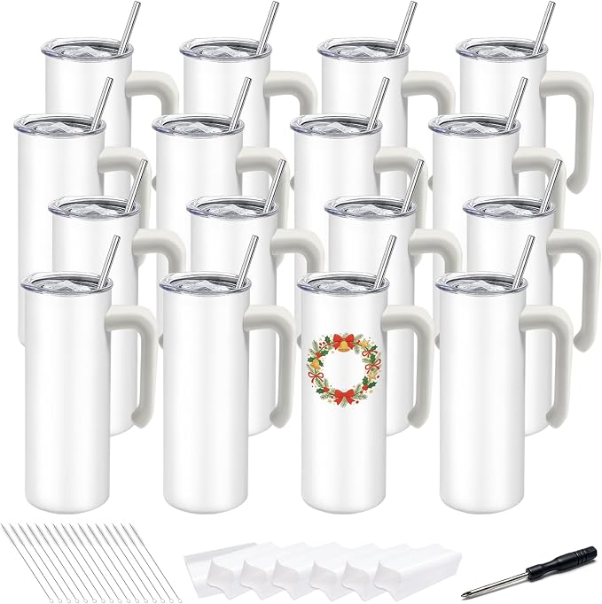 16 Pack Sublimation Tumblers Blanks Skinny Straight Bulk 20 oz with Removable handle, Stainless Steel Double Wall Insulated Sublimation with Straw & Lids for Heat Transfer, White