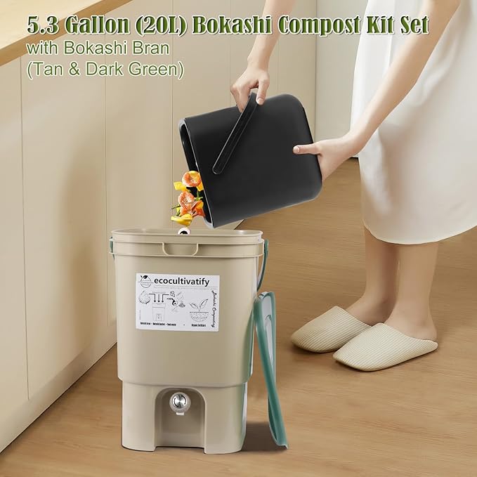 20L Bokashi Compost Bin, 5.28 Gallon Compost Bin for Kitchen Composter with Lid, Bokashi Start Kit with Bran (Tan & Dark Green) (20L/5.28GAL Tan & Dark Green)