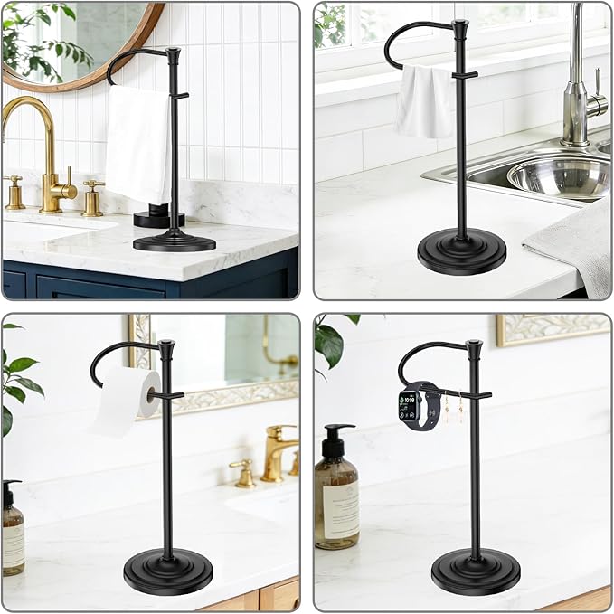 Black Bath Hand Towel Holder Stand,Stainless Steel 16 Inch Free Standing Towel Rack,Heavy Weight Towel Bar for Bathroom Vanity Countertop &Kitchen