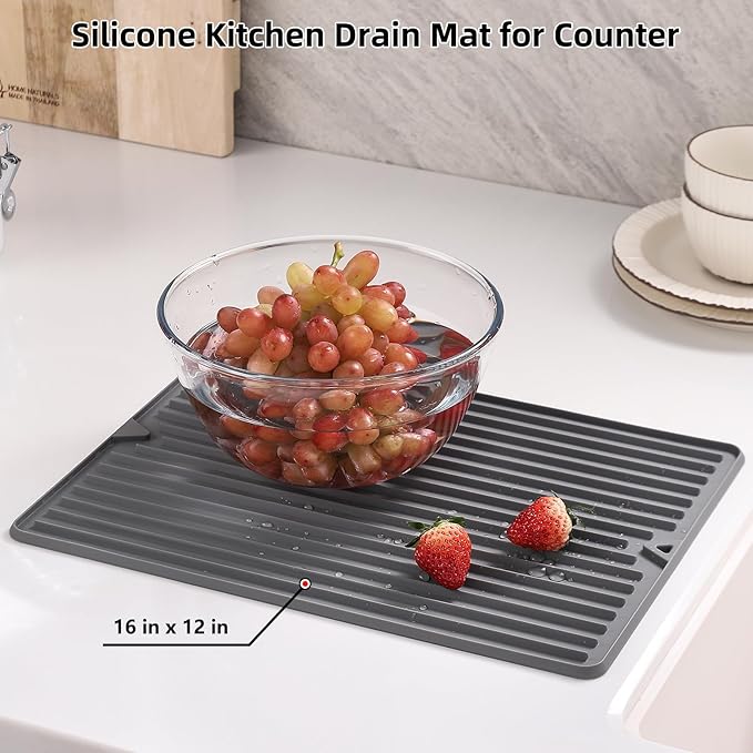 Silicone Dish Drying Mat, 16 x 18-inch Large Drying Mat for Kitchen Counter | Thicker Silicone Dish Drainer Pad for Countertop, Sink, Refrigerator or Drawer liner | Soft & Heat Resistant