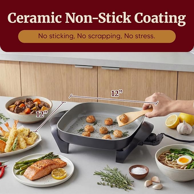 Elite Gourmet 12"x12"x2.15” Ceralast™ PFAS Free Ceramic Electric Skillet, Dishwasher Safe, Rapid Heat Up, 1200W, Dark Grey