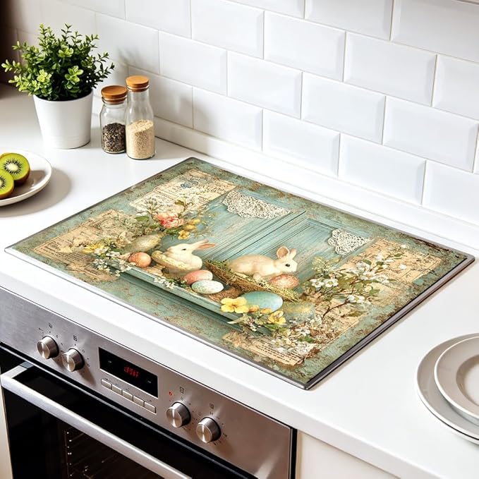Stove Top Cover for Electric Stove 28.4 x 20.5 Inch Non Slip Stove Mat Oil Proof Bunny Window Glass Cooktop Protector Kitchen Counter Mat
