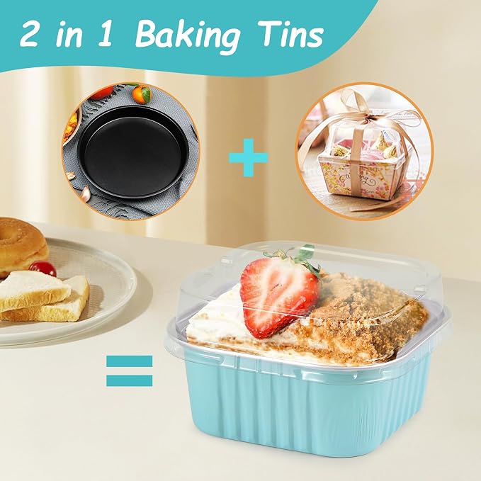 Mini Square Baking Cups with Lids, 50 Pcs 5oz Blue Aluminum Foil Cupcake Tins with Lids, Disposable Ramekins Flan Cake Pans Tins for Souffle, Dessert, Valentine, Wedding, Party Small Cake Containers