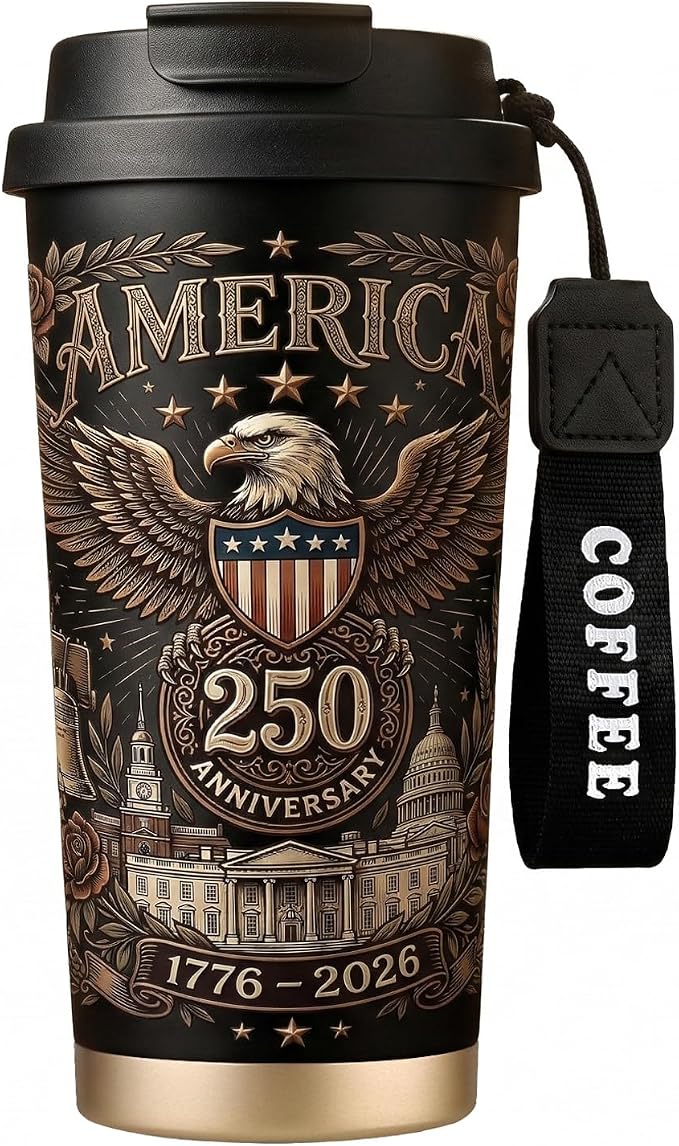 250th Anniversary Coffee Mug, 18 oz Insulated Mug, 250 Years America Garden Flag, Vintage Patriotic Design with 1776-2026 Dates, Military Anniversaries, Retirement & Holiday Commemorative Gift, Black