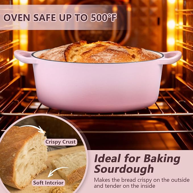 P&P CHEF Oval Dutch Oven with Lid, Enameled Cast Dutch Oven Pot for Bread Baking, Braising, Stewing, Roasting, Non-Stick & Oven Safe, Dual Handles & Easy Clean, 5QT & Pink, Valentine's Day