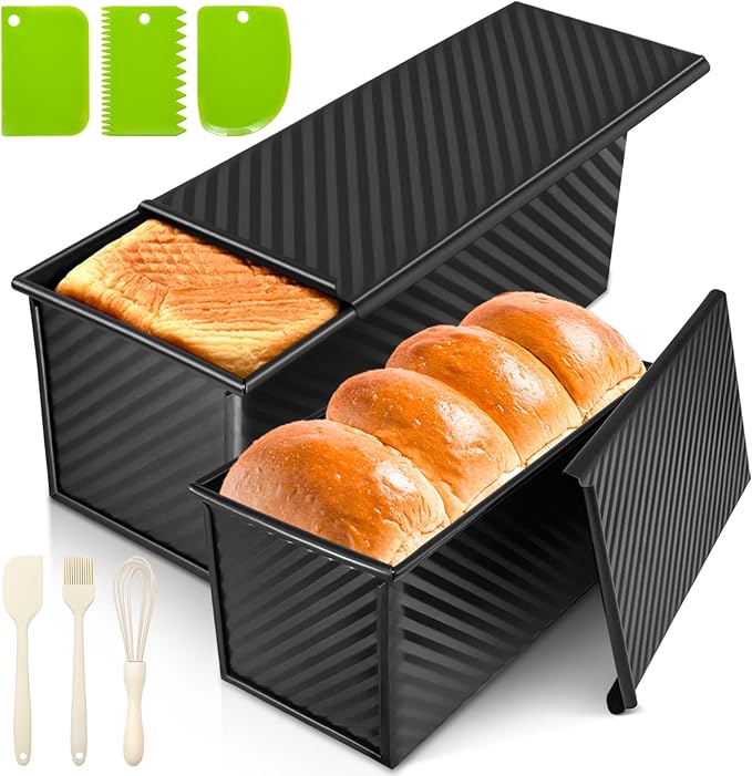 2Pack Large Bread Pan with Lids – 2.2LB Dough Capacity, Non-Stick Carbon Steel Bread Pans for Homemade Sandwich and Sourdough Bread, Corrugated Toast Mold (Black)