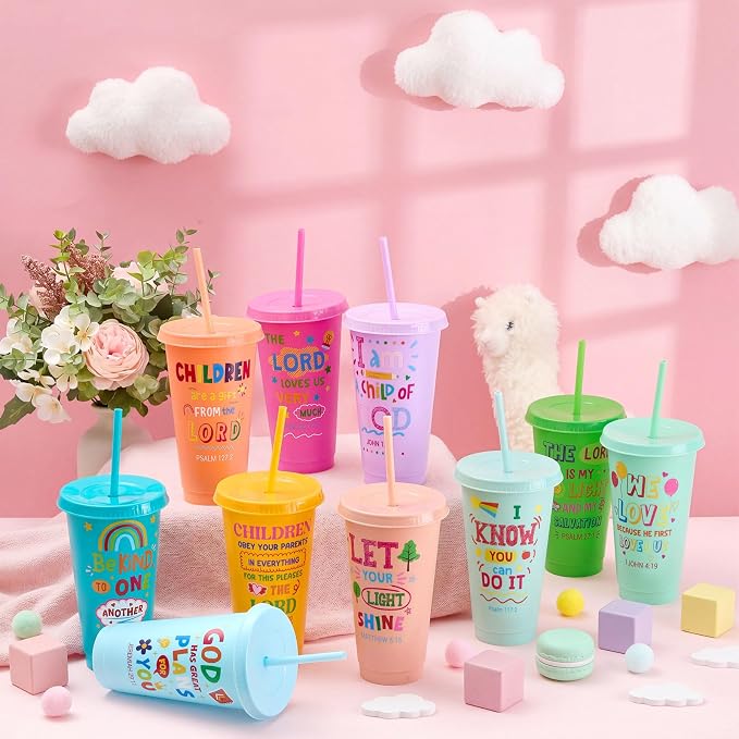 Uiifan 30 Pcs Christian Cups Bulk for Kids, Vacation Bible School Gifts Religious Plastic Tumblers with Bible Verses, Sunday School and Church Gifts, Reusable Cups with Lids and Straws (Pastel)