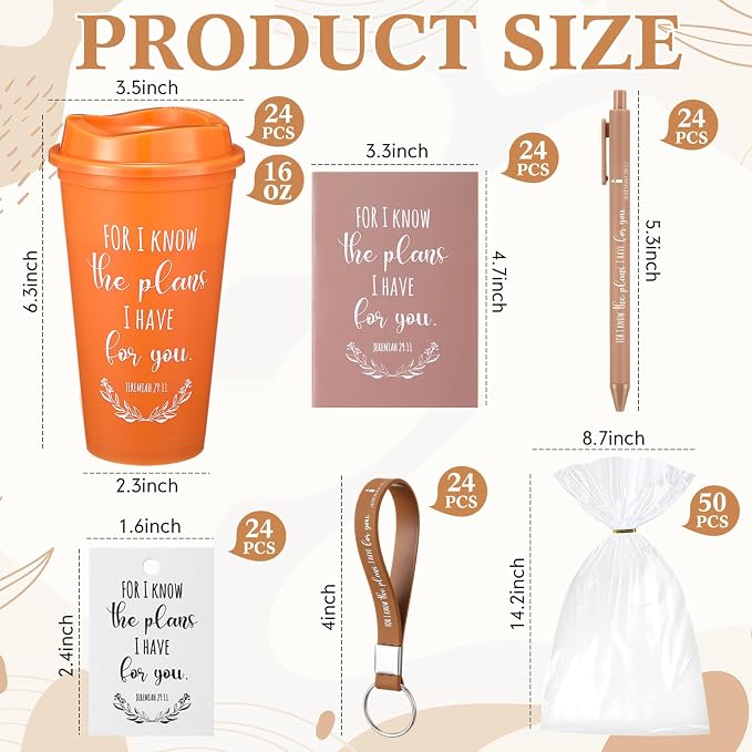 Willinglong 24 Sets Christian Gifts for Women Men 16 oz Reusable Bible Verse Cups with Lids Mini Spiral Notebooks Pens Keychain Card Religious Gift for Coworker Staff Team Church Sunday School