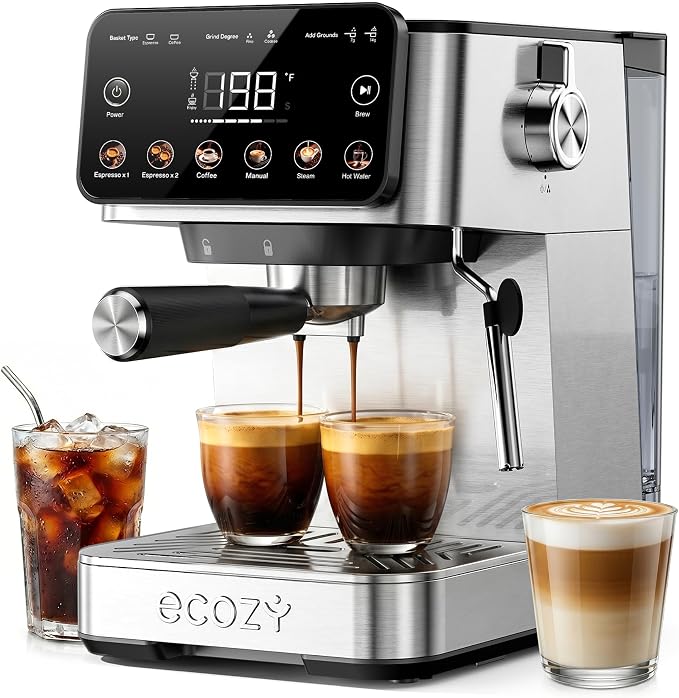 ecozy 2-in-1 Espresso Machine with Milk Frother, Guided Touchscreen | Coffee Maker Combo for Brewing Barista-quality Coffee, Lattes, Cappuccinos, and Americanos at Home