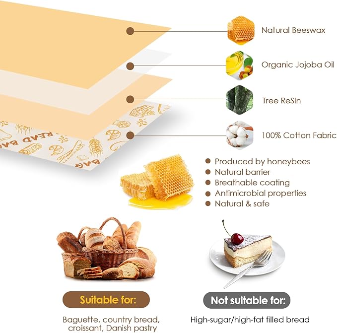 1-Pack pure cotton Reusable Beeswax Bread Bags - 10x13 Inch for Sourdough & Homemade Bread Storage | All-Natural Beeswax Preservation, Eco-Friendly Cotton Food Bags - Easy to Clean & Daily Use