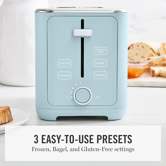 Martha Stewart 2 Slice Toaster, 10 Shade Settings with Defrost, Cancel, Bagel & Gluten-Free, Extra-Wide Self-Centering Slots for Waffles & Artisan Bread, Removable Crumb Tray, Cord Wrap, Sky Blue